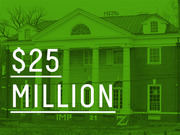 Green-tinted photo of a brick colonial building overlaid with large white text reading $25 Million, referencing a monetary figure.