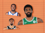 Editorial illustration showing three NBA players cut out against an orange lined-paper background, featuring a large Kyrie Irving in Celtics jersey and smaller images of Kevin Durant and Spencer Dinwiddie.