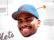 Editorial illustration of a smiling baseball player wearing a New York Mets cap, with an orange arrow and X annotation overlaid on a document background.