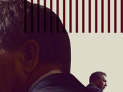 Editorial illustration showing the back of a man's head in the foreground and another man speaking in the background, overlaid with dark red vertical stripes.