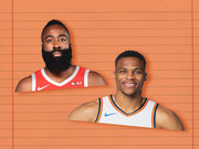 Editorial illustration of two NBA players, James Harden in a Houston Rockets jersey and Russell Westbrook in an OKC Thunder jersey, on an orange lined-paper background.