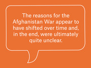Orange speech bubble graphic with white text stating that the reasons for the Afghanistan War shifted over time and were ultimately quite unclear.