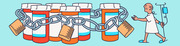 Editorial illustration of a hospital patient with an IV drip reaching toward prescription pill bottles locked together with chains and padlocks.