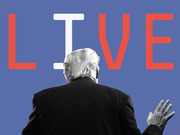 Editorial illustration showing the back of a gray-haired man in a suit against a blue background with the word LIVE in large red and white letters.