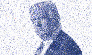 Mosaic portrait of a person composed of thousands of tiny colorful squares and text fragments in blue and white tones.