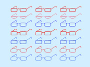 Grid of illustrated eyeglasses in red and blue outlines showing various frame styles on a light blue background, with no text or data.