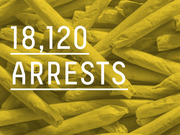 Editorial infographic showing the number 18,120 arrests in large white text over a yellow-tinted photo of marijuana cigarettes.
