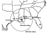 Map of the southeastern US showing 100-mile and 350-mile radius circles centered on New Orleans, with cities Houston, Mobile, and Tallahassee labeled.