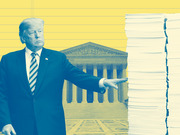Editorial illustration showing a figure in a suit pointing at a tall stack of papers in front of the Supreme Court building, rendered in blue and yellow tones.