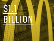 Yellow-tinted editorial graphic showing the McDonald's golden arches behind a net, with large white text reading $1.1 BILLION.