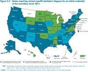 US map showing states requiring content-specific bachelor's degrees for an initial teaching credential at the secondary level in 2011, color-coded by degree standard type.