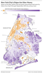 Choropleth map of New York City showing share of Uber pickups versus yellow and green cab pickups by census tract, April–September 2014, with outer boroughs more purple and Manhattan more orange.