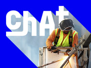 Editorial graphic with bold white 'ChAt' text on a blue background overlaid on a photo of a construction worker welding with sparks flying.