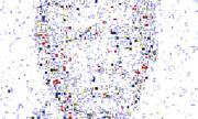 A dense collage of fragmented blue text snippets and small colorful images arranged to form a face-like silhouette shape on a white background.