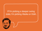Editorial illustration of a illustrated man with a speech bubble quoting a prediction about Alaska or Utah as sleeper swing states.