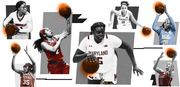 Editorial collage of seven women's college basketball players from teams including Maryland, Louisville, Texas, UCLA, WVU Mountaineers, and Gonzaga.