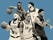 Editorial collage of five NBA basketball players in black-and-white on a blue background, wearing Celtics, Spurs, Pelicans, and Raptors jerseys.