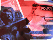Editorial collage illustration combining justice statues, scales of justice, police text, and US currency in red and blue tones.