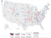 US map showing county-level shift in voting margin from 2016, with blue arrows indicating more Democratic and red arrows indicating more Republican shifts.