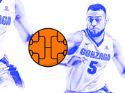 Editorial illustration showing a Gonzaga basketball player in blue tint with an orange basketball icon featuring a March Madness bracket pattern overlay.