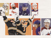 Editorial collage of NHL hockey players including Boston Bruins goalie Swayman and other players from various teams arranged in a stylized layout.