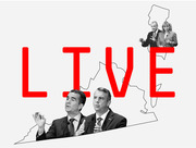 Editorial illustration with large red LIVE text overlaid on state outlines of Virginia and New Jersey, featuring black-and-white photos of four political candidates.