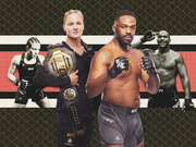 Editorial collage of four UFC fighters including a female champion holding a UFC World Champion belt, set against a chain-link fence background.