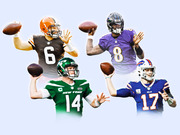 Editorial illustration of four NFL quarterbacks in their team uniforms: Browns #6, Ravens #8, Jets #14, and Bills #17, all in throwing poses.