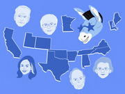 Editorial illustration showing illustrated faces of Democratic presidential candidates alongside US state outlines and a Democratic Party donkey mascot on a blue background.