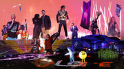 Collage of Super Bowl halftime show performers and moments including Michael Jackson, Beyonce, Janet Jackson, and others set against fireworks and stadium backdrops.