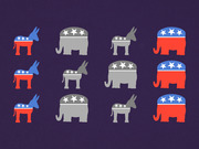 Editorial illustration showing Democratic donkeys and Republican elephants in colored and gray versions arranged in a grid on a dark purple background.