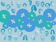 Editorial illustration showing faces of 2020 Democratic presidential candidates surrounding blue and green circles with percentage signs, suggesting a polling or probability theme.