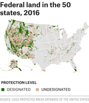 Map of federal land in all 50 US states in 2016, showing designated and undesignated protection levels with green and pink shading.