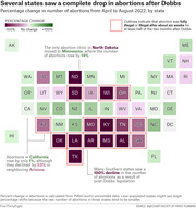 Tile grid map of US states showing percentage change in abortions from April to August 2022 after the Dobbs decision, colored from dark purple (decrease) to green (increase).