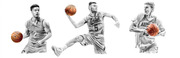 Stylized grayscale editorial illustration of three college basketball players from Maryland, Notre Dame Irish, and Arizona, each holding an orange basketball.