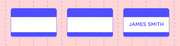 Three illustrated name badge cards on a pink background, with the rightmost badge showing the name James Smith in blue text.