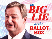 Editorial illustration showing a man smiling in front of a faded American flag with the title text 'the Big Lie at the Ballot Box'