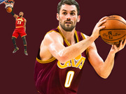 Editorial illustration of two Cleveland Cavaliers players, one dunking wearing number 23 and one holding a basketball wearing number 0, on a dark red background.