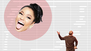 Editorial illustration showing a large cutout of Nicki Minaj's face in a pink circle alongside a smaller figure of Drake, set against a grid background with horizontal bar elements.