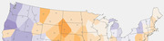 Choropleth map of the contiguous United States showing regional data with orange and purple shading indicating varying values by state or region.