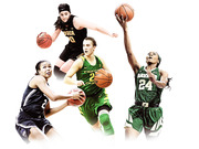 Editorial composite illustration of four women's college basketball players from Iowa, Oregon, UConn, and Baylor in action poses.