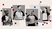 Editorial collage illustration of four NBA referees in black-and-white photos arranged on a beige background with colorful red, blue, and dark circle accents and grid patterns.