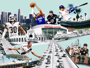 Editorial collage illustration featuring Los Angeles sports teams and landmarks including the Rams, Clippers, Kings, Dodgers, Galaxy, and Ducks alongside Staples Center and other LA venues.