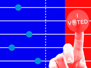 Editorial illustration showing a finger pressing an I Voted sticker button against a blue and red divided background with teal dots on a grid.