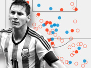 Editorial graphic combining a black-and-white photo of Lionel Messi with a soccer field dot plot showing touch or shot locations marked in red and blue.