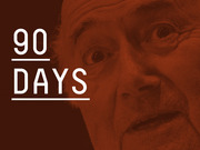 Red-tinted editorial image of an elderly person's face with large white text reading 90 Days overlaid on the left side.