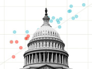 Editorial illustration combining a black-and-white photo of the US Capitol dome with overlaid scatter plot dots in blue and red on a grid background.