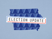 Editorial illustration showing the outline of Iowa filled with a blue wave pattern and an Election Update banner overlay with red and blue borders.