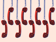 Editorial illustration showing multiple red vintage telephone handsets hanging by their coiled cords against a light pink background.