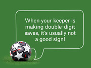Editorial graphic with a soccer ball and speech bubble on a green background quoting a remark about double-digit goalkeeper saves.